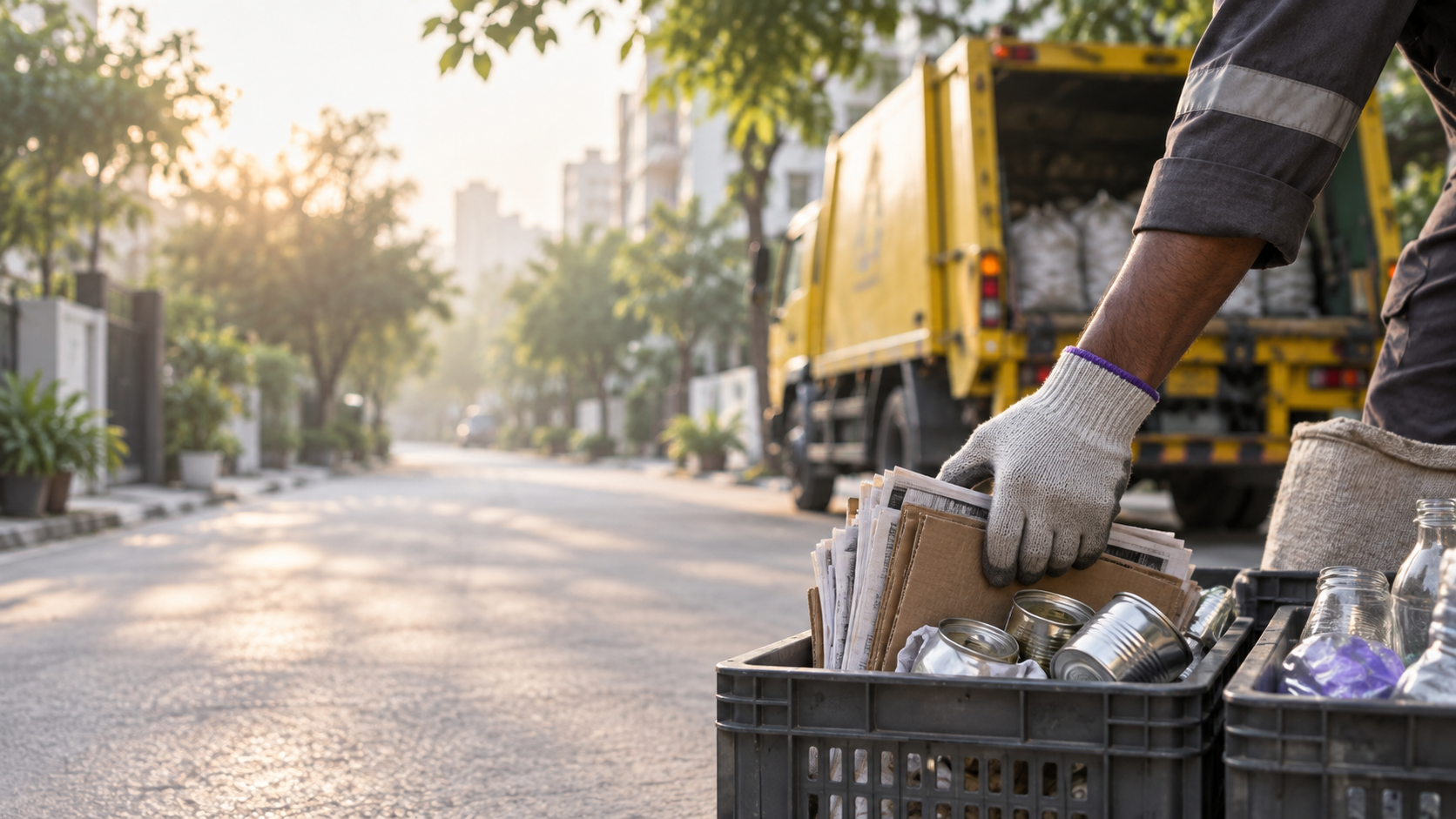 Collection partner sorting recyclable materials beside a pickup vehicle